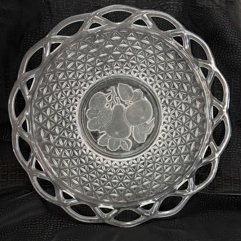 Vintage Pressed Glass Serving Plate Lace‎ Edge Fruit Pattern Cottage Farmhouse